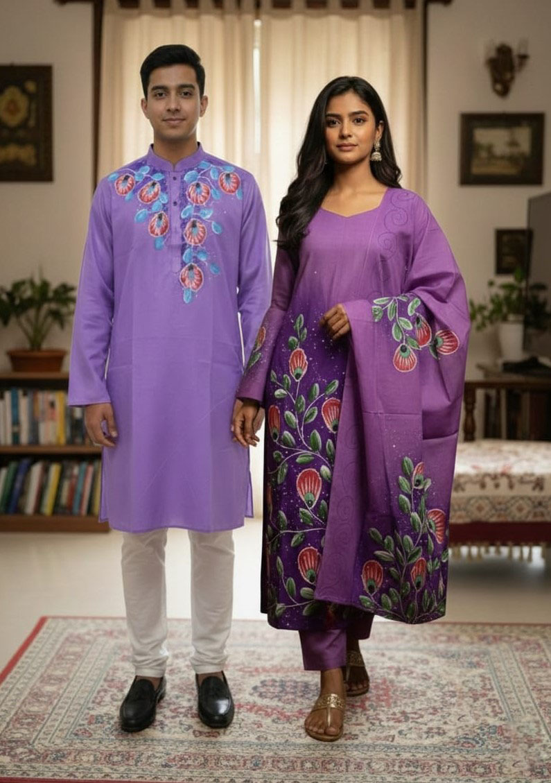 Panjabi Three Piece Couple Set | Block Print Dress BD