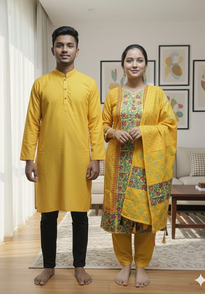 Panjabi Three Piece Couple Set | Block Print Dress BD