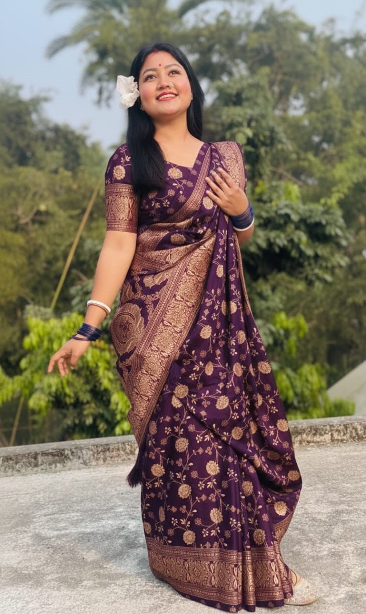 Purple Banarasi Japani Silk Sharee with Blouse Piece