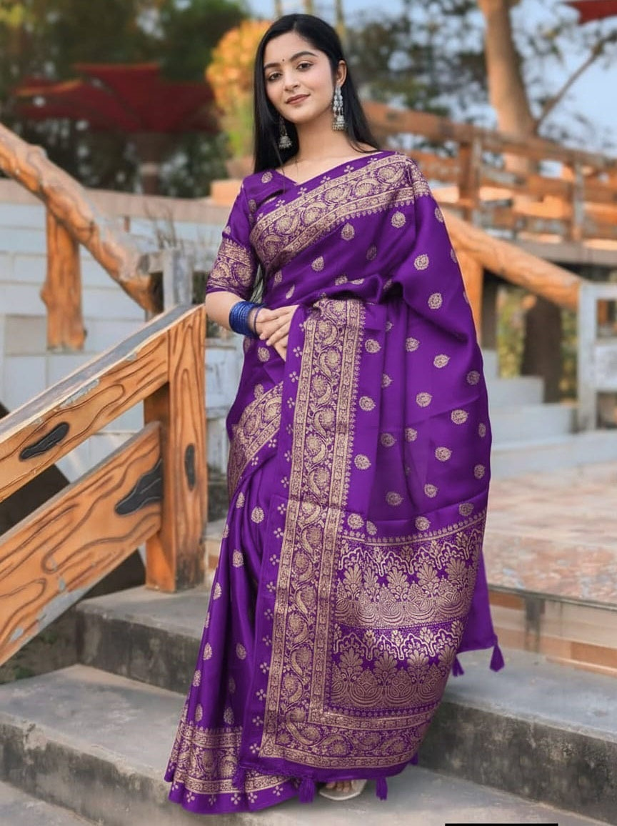 Purple Japani Silk Sharee with matching Blouse Piece