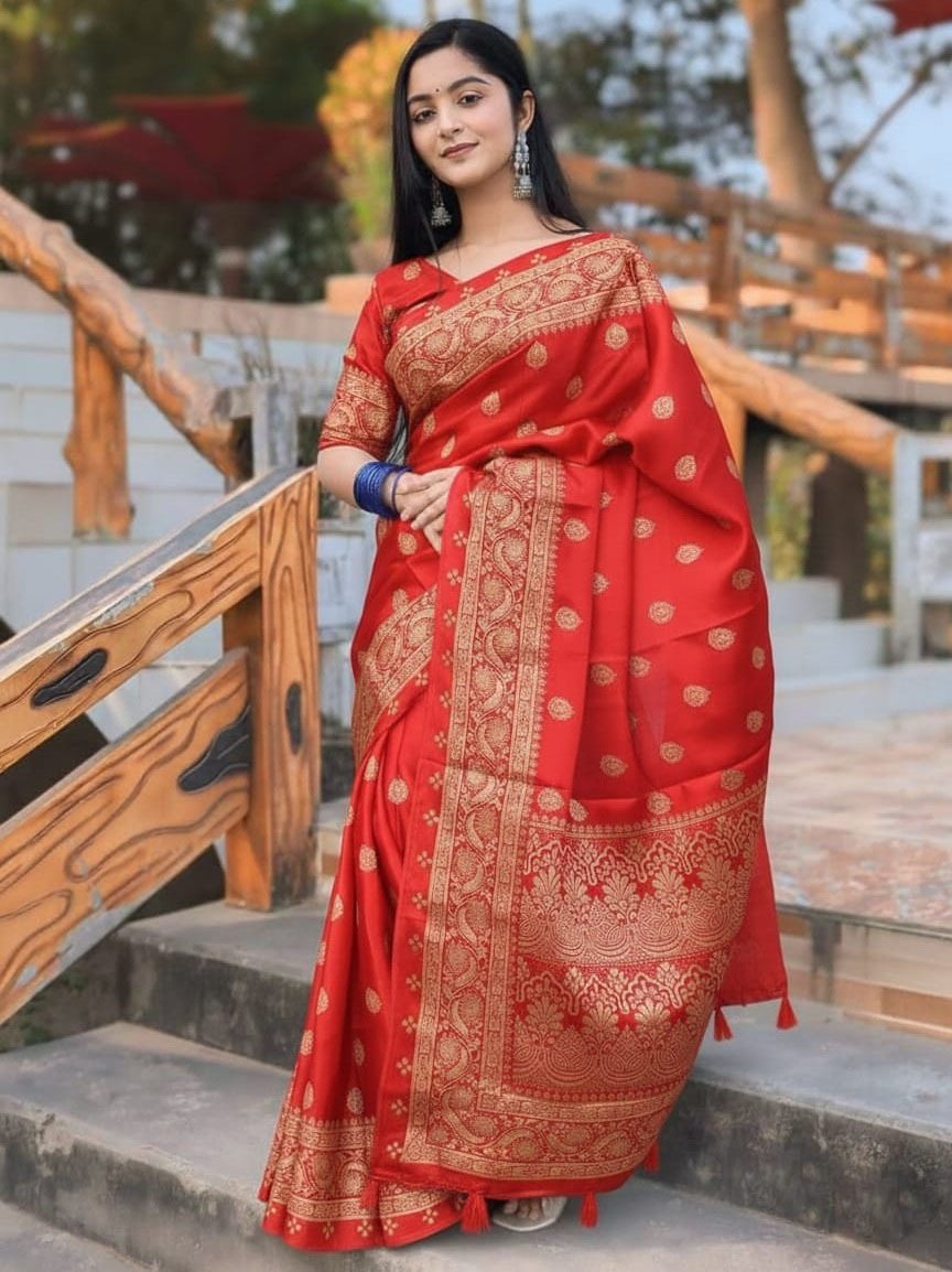 Red Silky Japani Silk Sharee with Blouse Piece