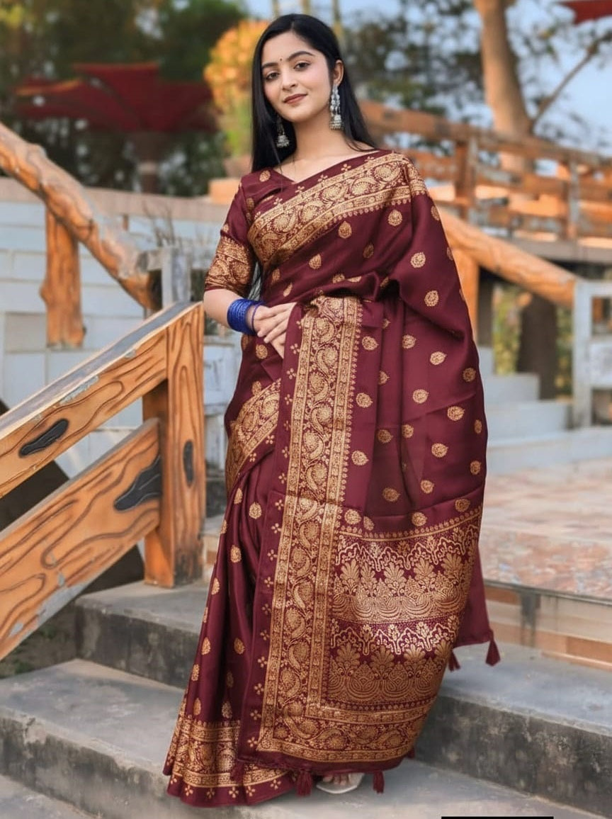 Maroon Japani Silk Sharee with matching Blouse Piece