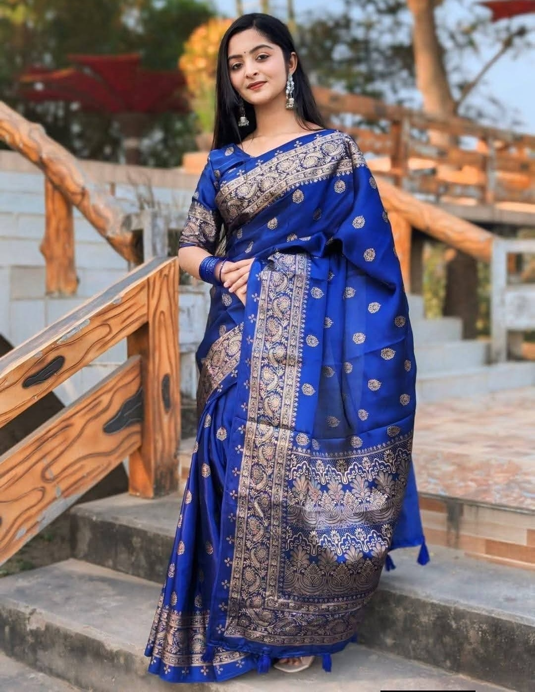 Royal Blue Japani Katan Saree with Blouse Piece