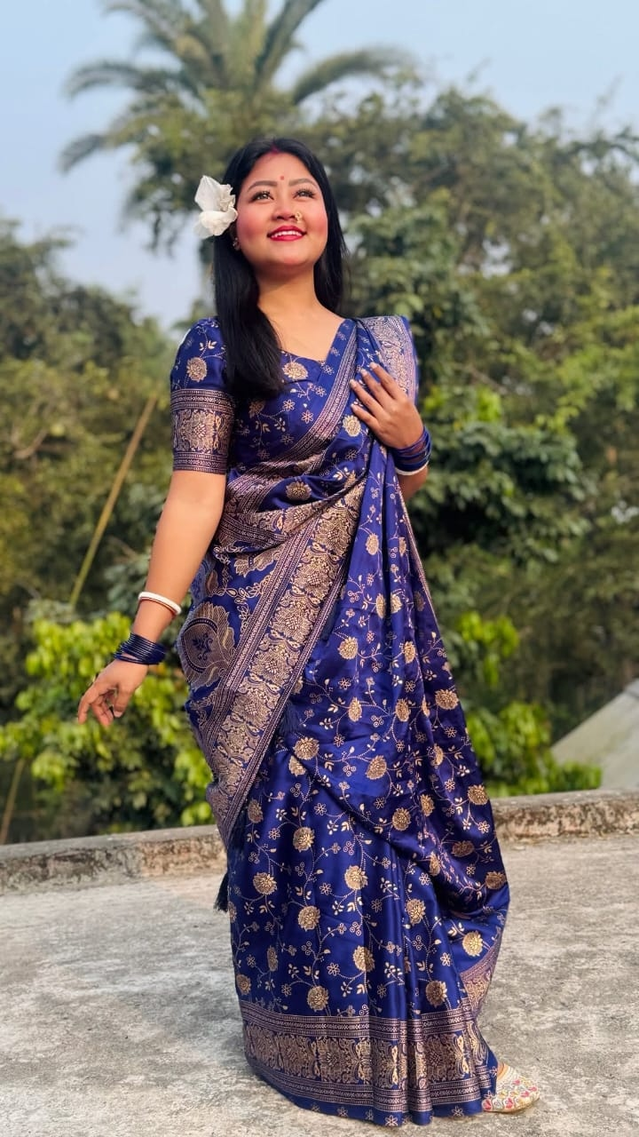 Navy Blue Japani Silk Bodhua Print Saree with Blouse Piece