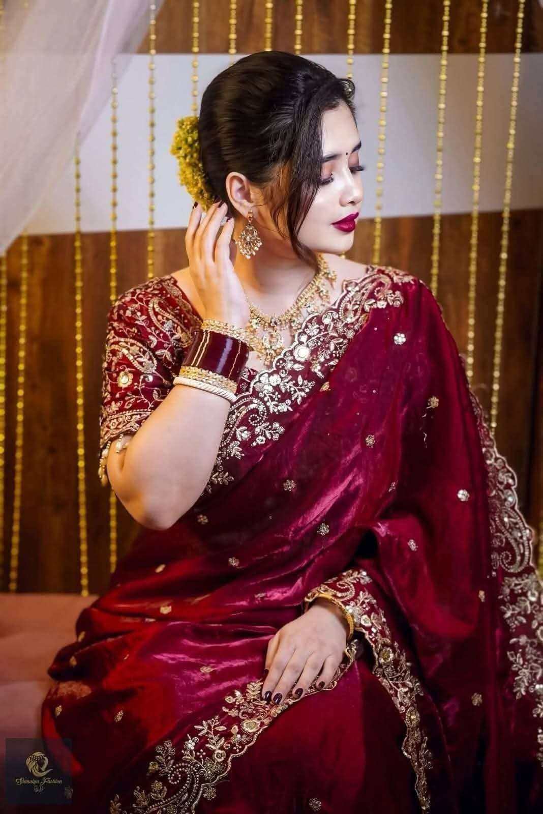 Maroon fancy fandy satin silk with sequence work saree