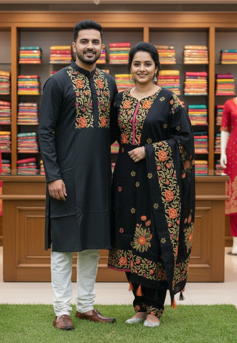 Panjabi Three Piece Couple Set | Block Print Dress BD