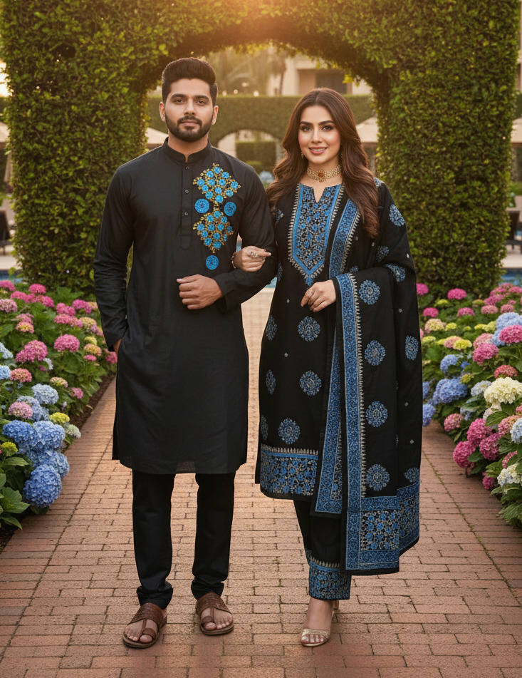 Traditional Panjabi Three Piece Couple Set