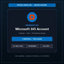 Microsoft 365 Account (PC / Mac / Tablet) | 5 Devices 1 Year Subscription + 1TB OneDrive